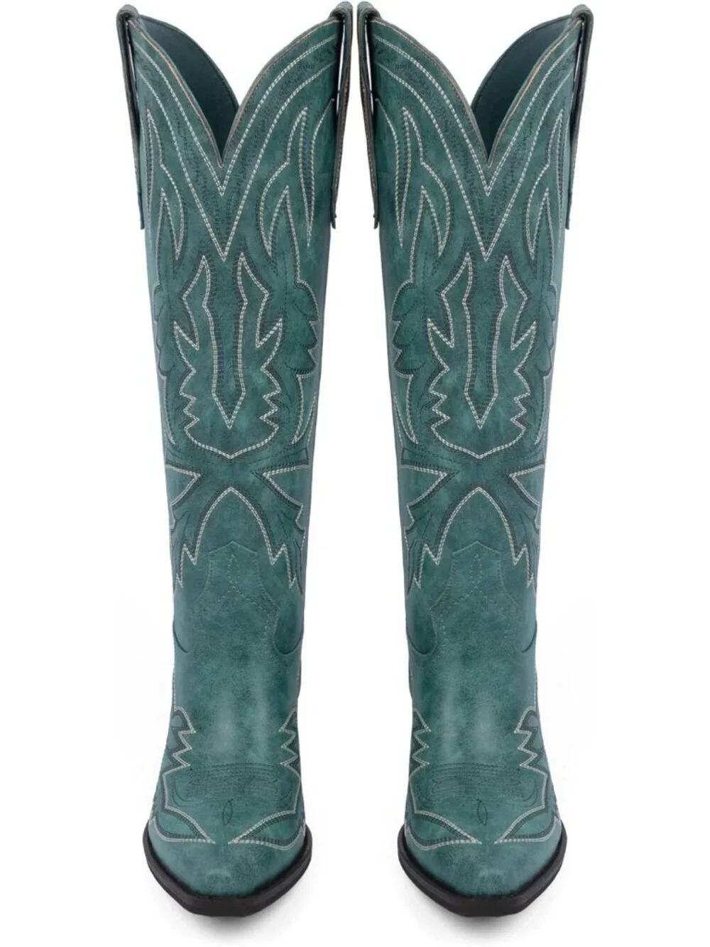 Women's Teal Knee High Boots Embroidered Pull on Pointed Toe Chunky Heel